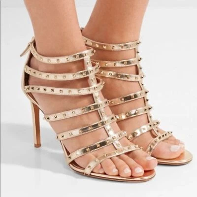 VALENTINO Rockstud Sandalia Jaula Cuero Dorado Tacones 37.5 EU Foto 1 de 4