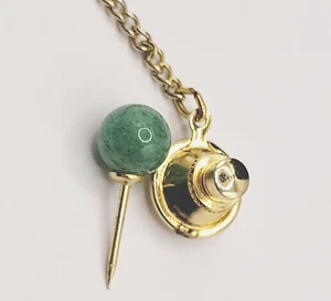 Jade Round Ball Polished Stone Gold Tone Vintage Tie Tack Pin with Chain - Picture 1 of 10