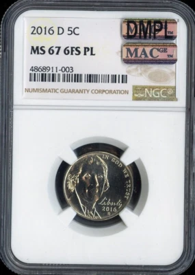2016 D Jefferson Nickel 5C NGC MS67 FS PL MAC-DMPL Quality - Image 1 of 2