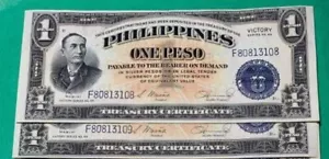 PHILIPPINES 1949 1 PESO CB VICTORY P-117c (2 UNC CONSECUTIVE) FSN + Gift PH26a - Picture 1 of 3