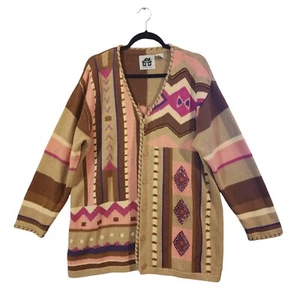 Storybook Knits Maze Cotton Sweater Cardigan Beige Pink Multi Grannycore Sz 1X - Picture 1 of 8