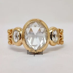 2 CT Oval Rose Cut White Moissanite Bezel Set Wedding Ring 10k Solid Yellow Gold - Picture 1 of 13