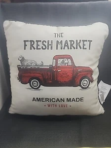 FRESH MARKET FARM DELIVERY Indoor Outdoor Throw Pillow Red Truck Dog 16x16 (BOP6 - Picture 1 of 5