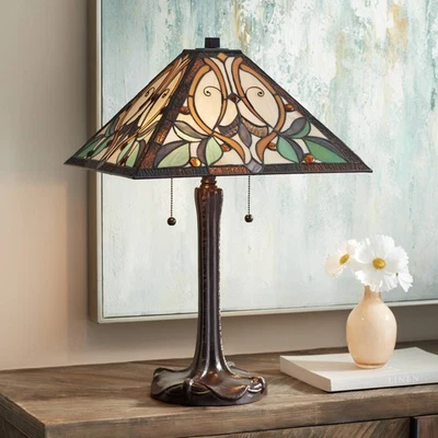 Tiffany Style Table Lamp Bronze Stained Art Glass for Living Room Bedroom - Image 1 of 4