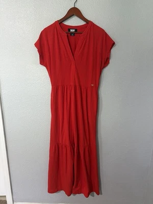 DKNY Red Maxi Dress V-Neck Short Sleeve Cotton Blend Pockets Size S - Image 1 of 4