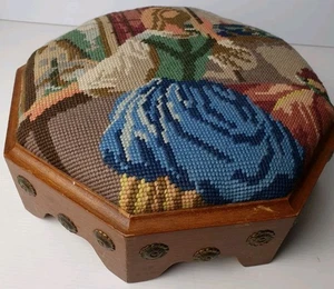 VINTAGE Solid Wood Footstool Needlepoint Upholstery Brass Detail H10cm Vgc - Picture 1 of 7