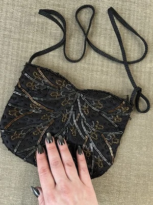 Vintage black beaded evening bag dressy satin clutch purse retro 1990's mini - Image 1 of 4