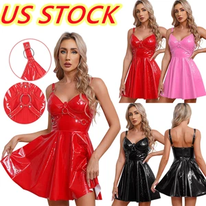 AU Womens Wetlook PVC Leather Dress Gothic Slip Dresses Mini Dress Clubwear sEXY - Picture 1 of 46