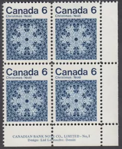 Canada - #554 Christmas Snowflake Plate Block #1 - MNH - Picture 1 of 1