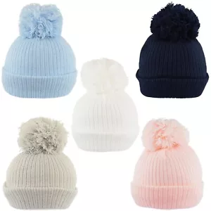 Baby Pom Pom Beanie Hat Boy Girl Knitted Bobble Cap Warm Fleece Lined NB-18 mth - Picture 1 of 34