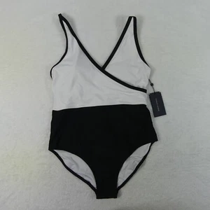 Tommy Hilfiger Swimsuit Womens 12 White Black One Piece Surplice UPF50 - Picture 1 of 15