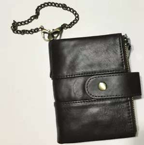 Bifold Double Zipper Coin Pocket Wallet with Anti-Theft Chain Brown New - Picture 1 of 6