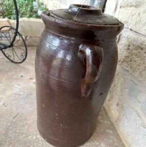 16" Antik Primitiv Dunkelbraun Steinzeug Doppelgriff 4 Gallonen Butterdose - Bild 1 von 16