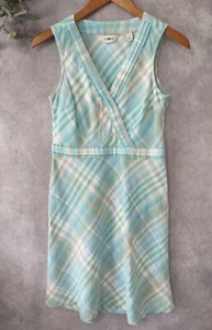 L.L. Bean Women's 4P Petite Blue Green Plaid Linen Blend V-Neck Dress Zipper - Picture 1 of 8