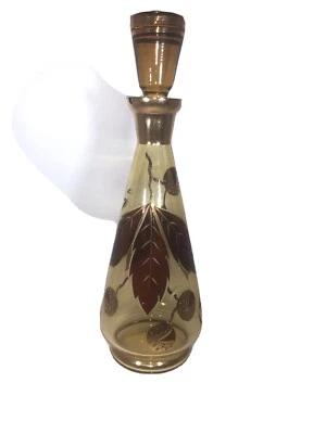Vintage Czech Bohemia Amber crystal decanter gold leaf pattern - Image 1 of 4