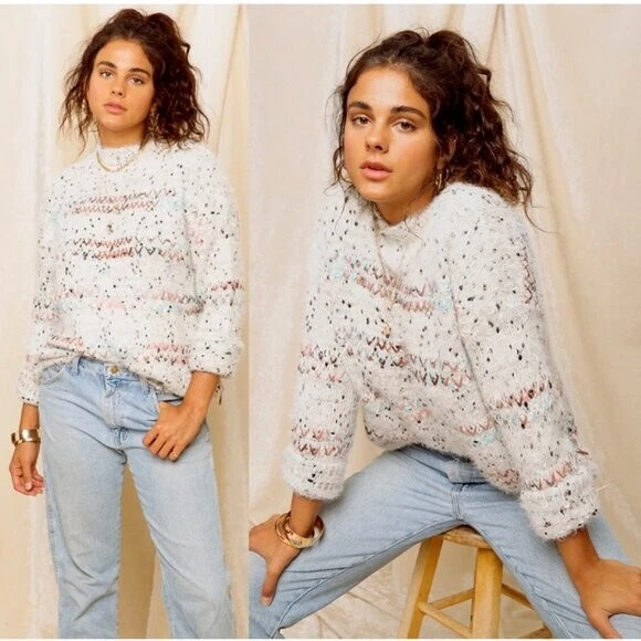 RAGA x ANTHROPOLOGIE Faye Mock 颈部斑点睫毛针织灰色毛衣 S 码 — 第 1/4 张图片