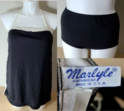 复古 70 年代 Marlyle 2 件套泳装吊带背心带游泳短裤黑色/白色 16 — 第 1/4 张图片