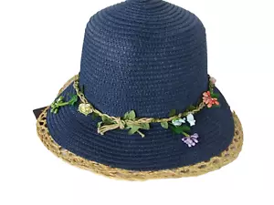 Women Floral Decorated Straw Sun Beach Hat Navy Summer Wear NWT - Picture 1 of 11