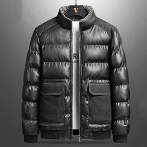 Men Splicing Faux Leather PU Jacket Coat Padded Quilted Stand Collar Warm Winter - Picture 1 of 10
