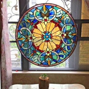 Stained Glass Window Panel Handcrafted 22" Round Victorian Frances Suncatcher - Picture 1 of 3