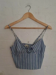 SASSY HILLS FASHION Designer Womens Blue White Stripe Cropped Blouse Top Size S - Picture 1 of 5