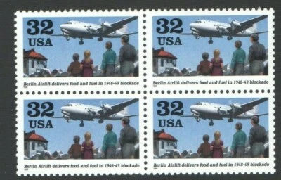 Unused US Postage Block of 32 Cent Stamps BERLIN Airlift Delivers Food 1948-49 - Image 1 of 2