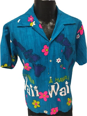 Vtg 60's Sears Hawaii Blue NEON Floral TIKI TOTUM POLE Barkcloth Hawaiian Shirt - Image 1 of 4