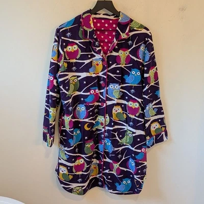 Nick & Nora Women's Purple Multi Color Owl Flannel Long Sleeve Night Shirt Gown  - Image 1 of 4
