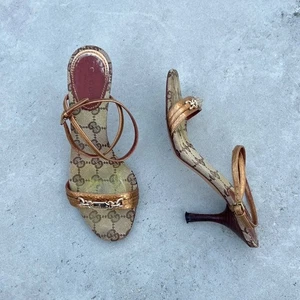 Gucci | GG Pattern Strappy "Gucci" Logo Hardware Buckle Ankle Strappy Heels (34) - Picture 1 of 13