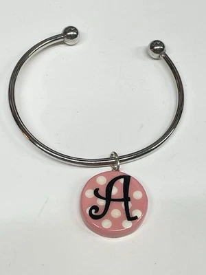 Initial T Round Pink Custom Charm Silver Fashion TORQUE 7” BRACELET Gift NEW - Image 1 of 4