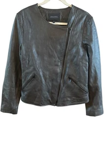 Neiman Marcus Leather Collection Woman’s Size Large Dark Grey Leather Biker Coat - Picture 1 of 14