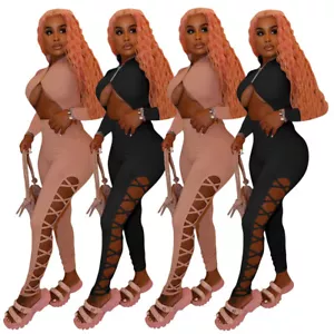Sexy Women Open Front Long Sleeves Side Bandage Patchwork Bodycon Jumpsuit Club - Picture 1 of 10
