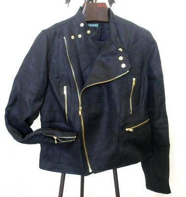 RALPH LAUREN Black Linen Biker Jacket Gold Hardware Sz.6 NWT Spectacular CHIC! - Image 1 of 4