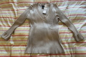 NUEVO CON ETIQUETAS Camisa Suéter Vintage Para Mujer Evie Top Cuello en V Tejido Acanalado Delgado Seda Nylon L - Imagen 1 de 10