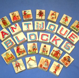 Antique 30 Wood Blocks with Paper Lithograph Complete Alphabet Numbers Children - Picture 1 of 12