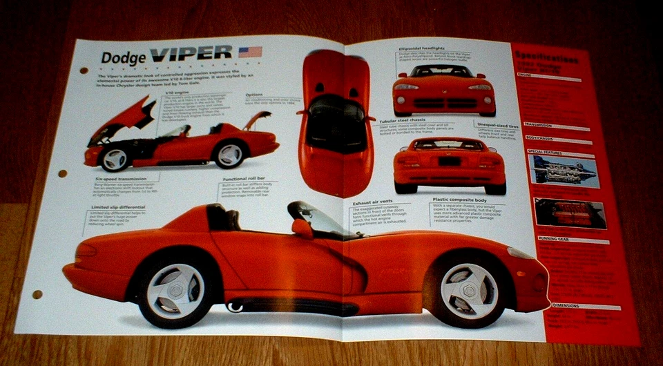 1992 Dodge Viper RT/10 Original Imp Brochure Specs Info RT10 92 93 94 95 96 97 - Image 1 of 1