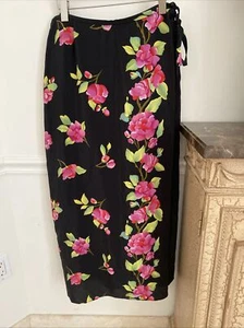 MUSE 100% Silk Black Layered Pink Floral Print Wrap Skirt Side Tie SZ 8 - Picture 1 of 7