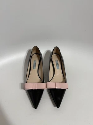 Vtg Prada Black Leather Pink Bow Heels 36.5 - Image 1 of 4