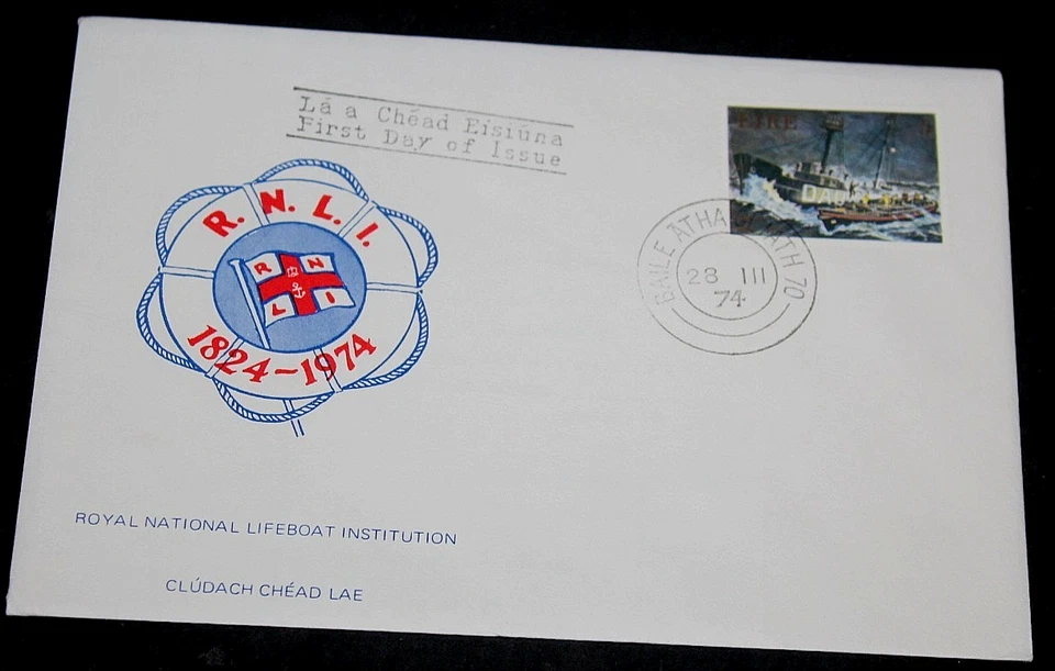 ИРЛАНДИЯ 1974 КОРОЛЕВСКИЙ НАЦИОНАЛЬНЫЙ ВЫПУСК СПАСАТЕЛЬНОЙ ШЛЮПКИ НА АРФЕ ОБЛОЖКА ПЕРВОГО ДНЯ, - Изображение 1 из 1