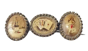 Antique Victorian Brooch The Vices Gambling Dancing Alcohol Celluloid & Metal - Bild 1 von 5