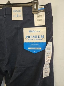 Haggar Premium Soft Chino Pants Mens 34x32 Straight Leg Flex Waist Blue NEW - Picture 1 of 10