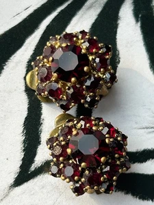 Vintage Mid-Century Austria Estate Bohemian Garnet Cluster Clip Earrings - Picture 1 of 8