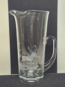 Vintage Czech Bohemian Blown Glass Pitcher With Engraved Deer & Tree 9 3/4" - Picture 1 of 9