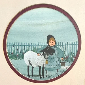 P Buckley Moss Print "Lindsay's Lamb" Amish Girl Sheep Round Signed Numbered '87 - Picture 1 of 22