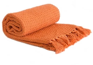 100% Cotton Honeycomb Orange Fringed Tassel Chair Bed Sofa Medium Throw Blanket - Picture 1 of 15
