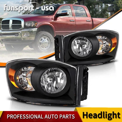 Headlights For 2006-2008 Dodge Ram 1500/2006-2009 Ram 2500 3500 Black Amber Pair - Image 1 of 4