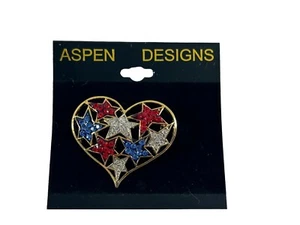 Broche Pin Corazón Patriótico Aspen Designs Estrellas Rojo Azul Estrás Tono Plateado - Imagen 1 de 7