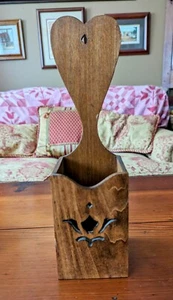 Vintage Primitive Handmade Wood Wall Candle Pipe Box Heart Tulip Fretwork 12.5" - Picture 1 of 11