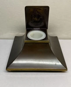 Antique Metal Inkwell Square Art Deco With Milk Glass Cup - Picture 1 of 13