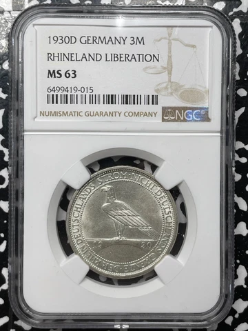 1930-D Germany 3 Mark NGC MS63 Lot#G4309 Silver! Ch. UNC! Rhineland Liberation Cover